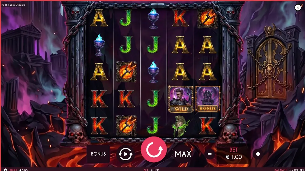 Tampilan visual slot Hades Overlord dengan tema dunia bawah mitologi Yunani yang gelap dan penuh api.